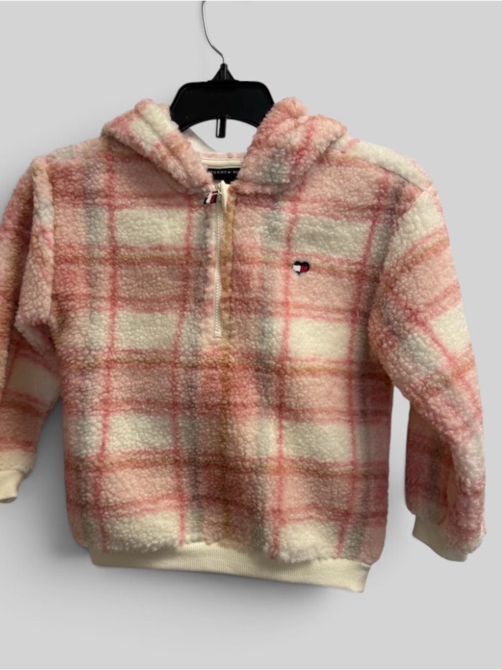 Tommy Hilfiger Kids Cream and Pink Plaid Sherpa Half-Zip Hoodie